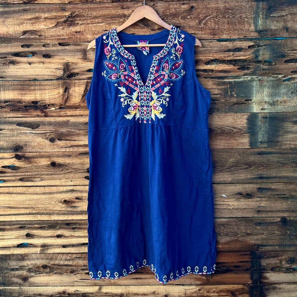 JOHNNY WAS | Embroidered Blue Sleeveless Dress XL